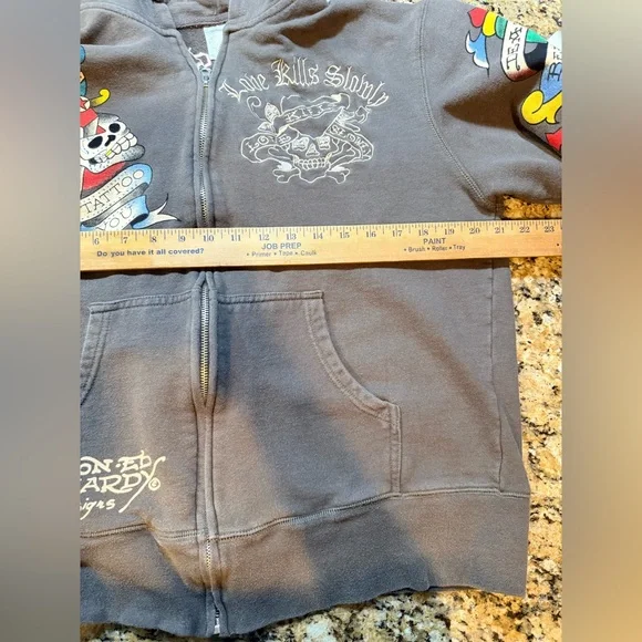 Ed Hardy Vintage brown unisex Graphic skull full Zip Up Hoodie Y2K Size XL